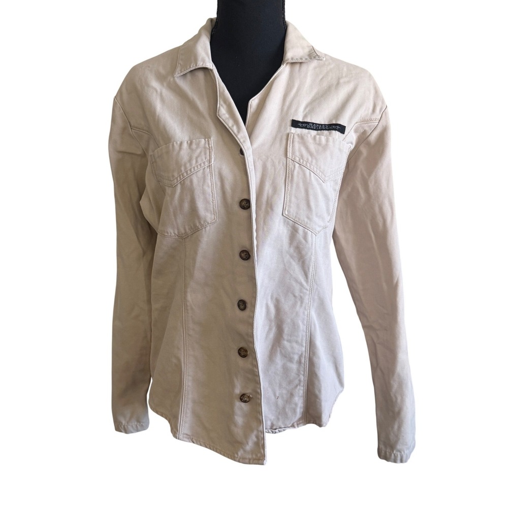 Harley Davidson Womens Tan Canvas Button Up Shirt Jacket L Utility Biker Moto